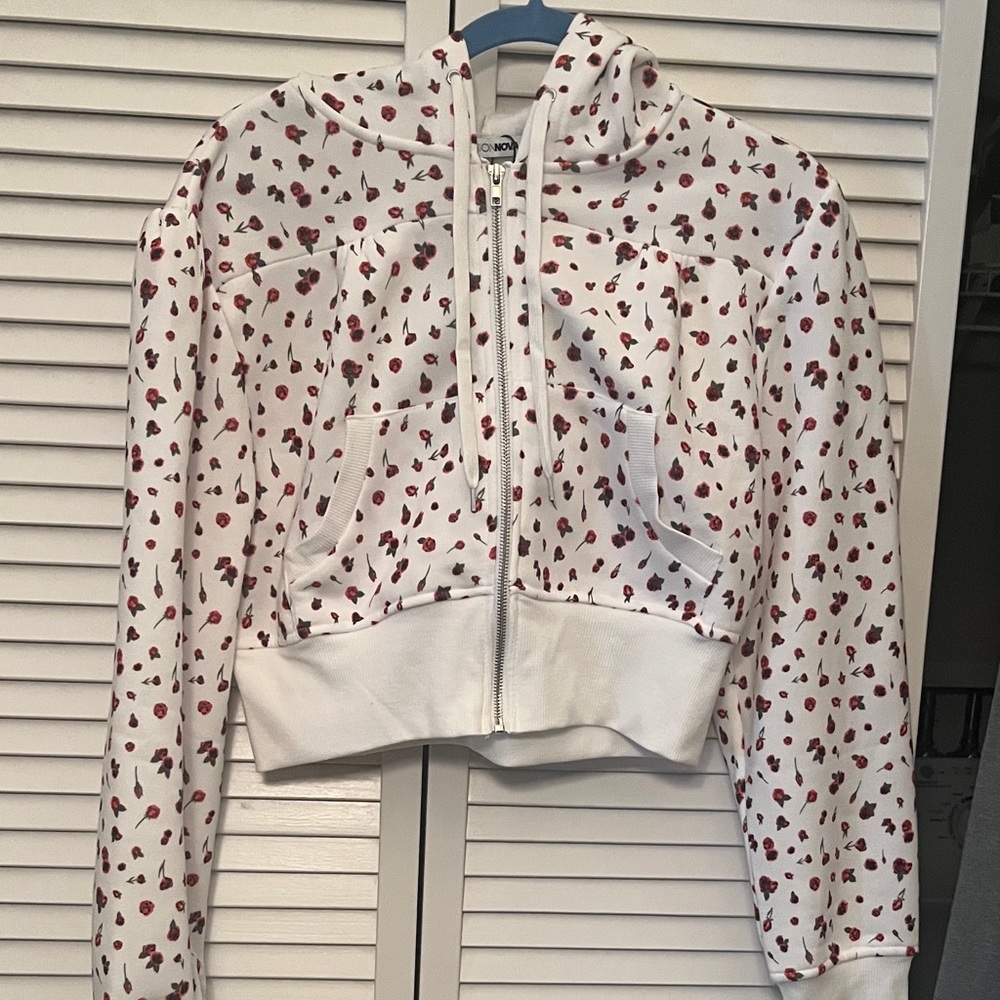 Fashion Nova White Hoodie with Red Floral Pattern